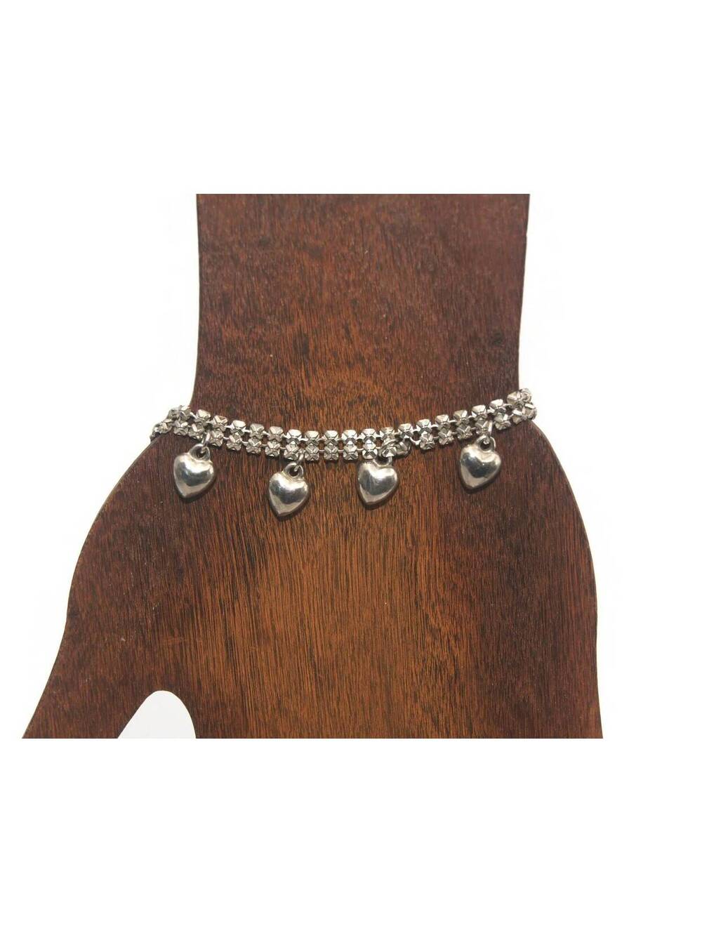Vintage Silver Tone 8 1/2 to 11" Adjustable Anklet with 4 Dangling Heart Charms.